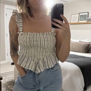 American Eagle Outfitters Striped Ruffle Top - White and Blue